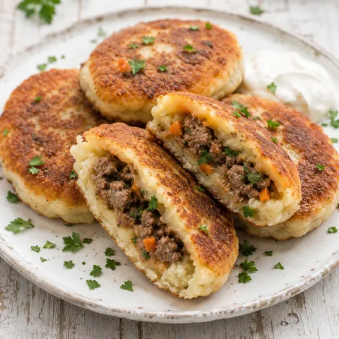 Golden stuffed mashed potato pancakes with beef filling and sour cream