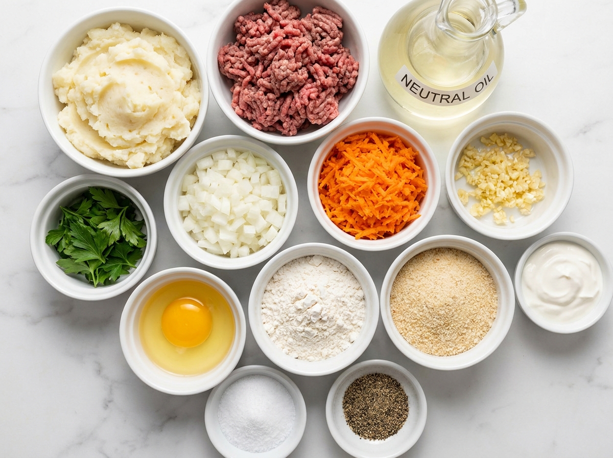 Ingredients for stuffed mashed potato pancakes with beef and parsley