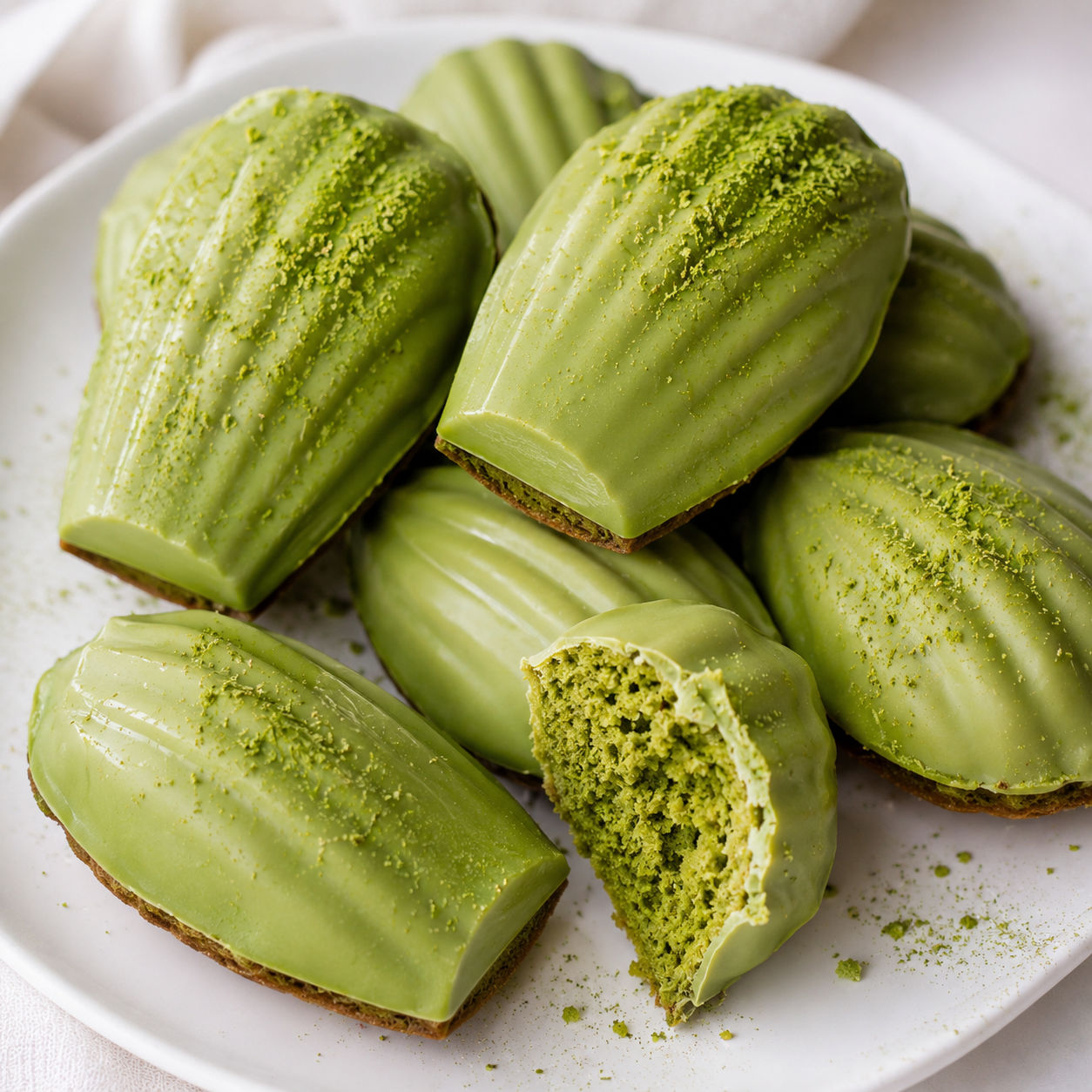 Matcha madeleines with glossy white chocolate shells on a white plate