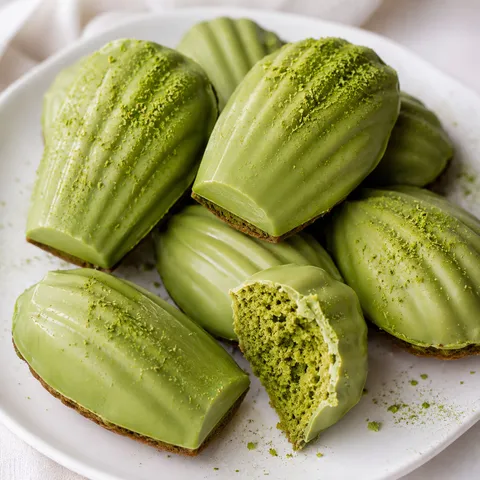 Matcha madeleines with glossy white chocolate shells on a white plate