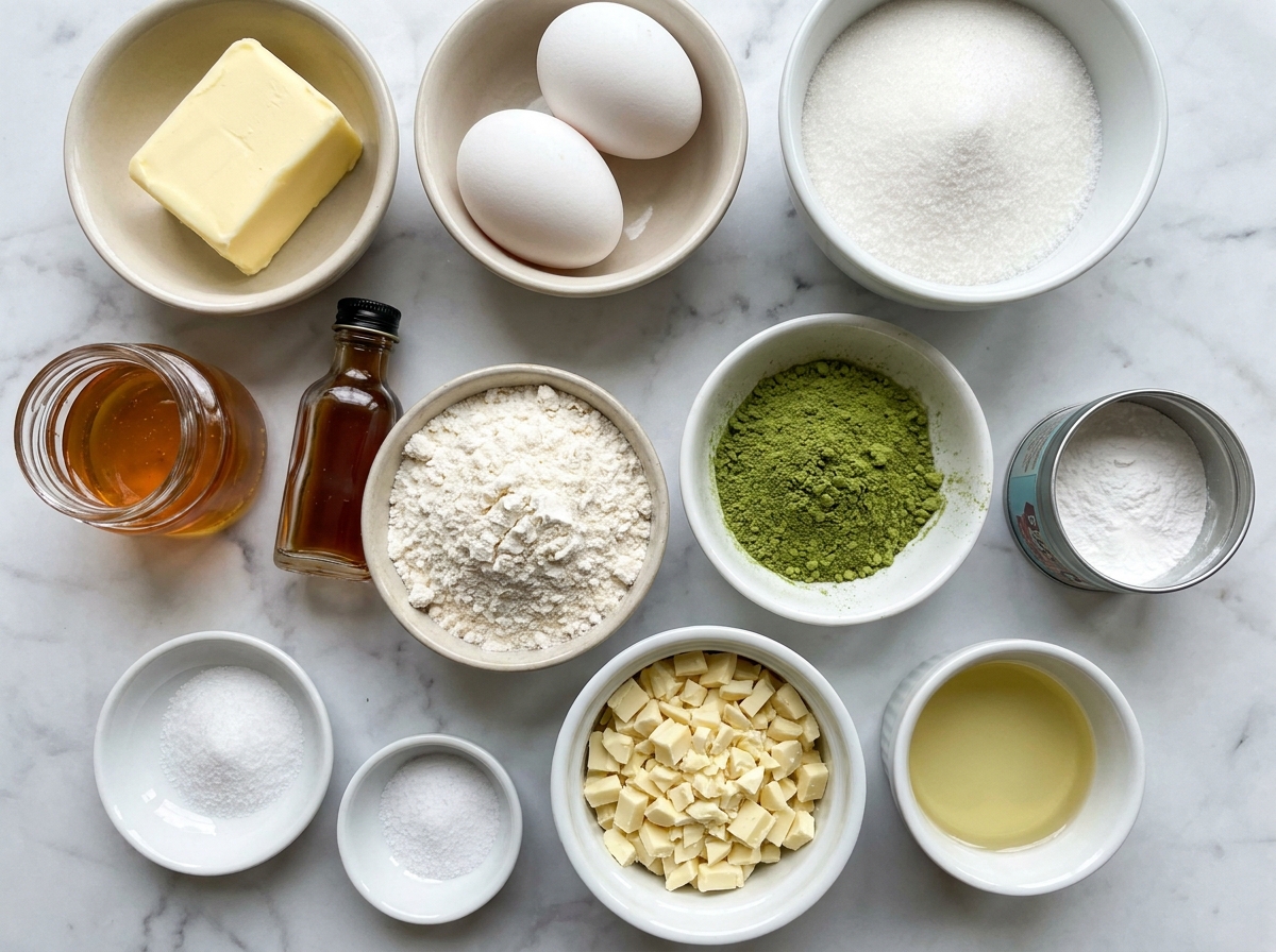 Ingredients for matcha madeleines with butter, eggs, matcha, and white chocolate