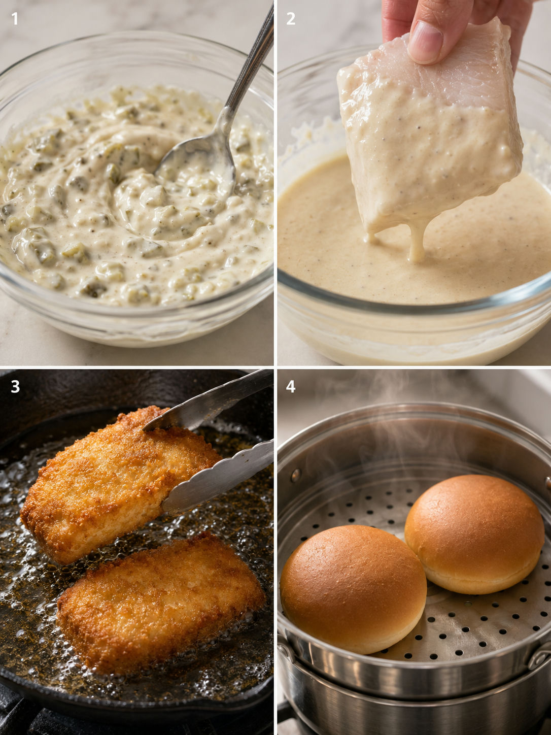 Four steps making Filet-O-Fish: mixing tartar sauce, battering fish, frying golden, and steaming buns