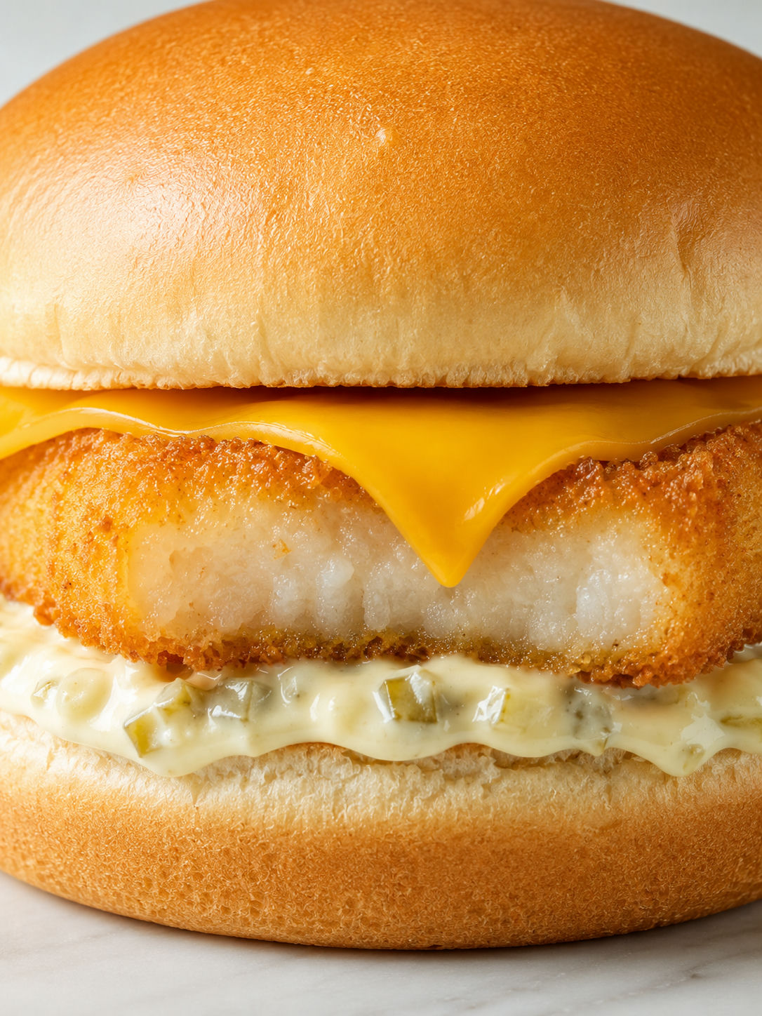 Homemade Filet-O-Fish sandwich showing golden fish fillet, melted cheese, and tartar sauce layers