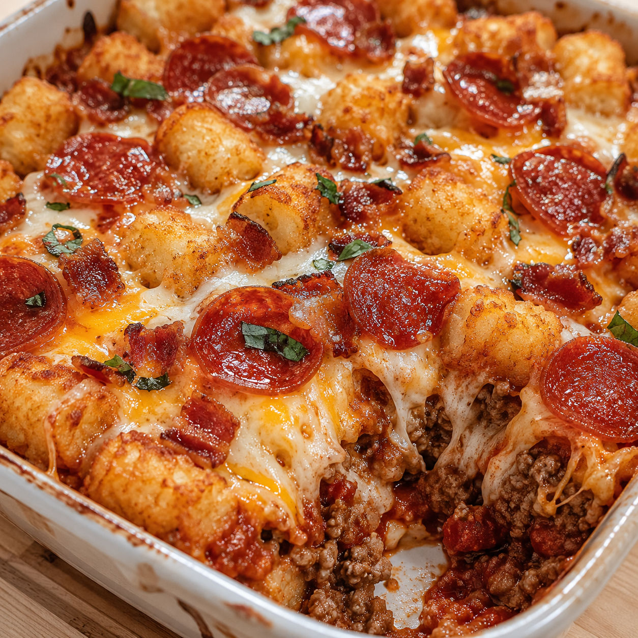 Meat lover's pizza tot casserole with pepperoni, bacon, and melted cheese