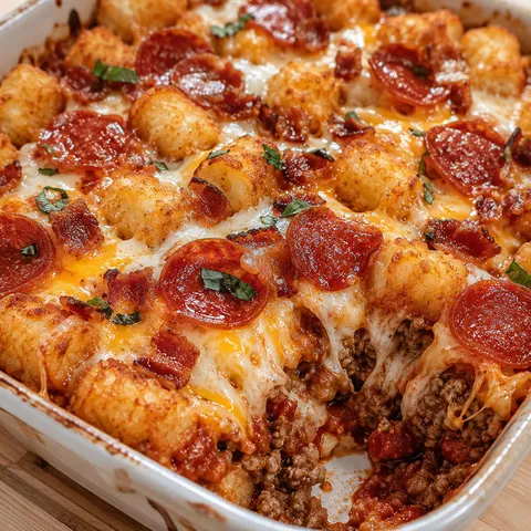 Meat lover's pizza tot casserole with pepperoni, bacon, and melted cheese