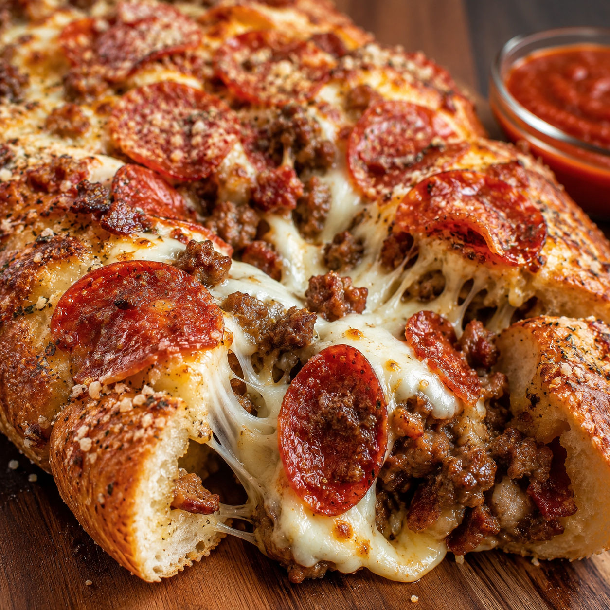 Sliced meat lovers pizza bread with pepperoni, beef, bacon, and melted cheese