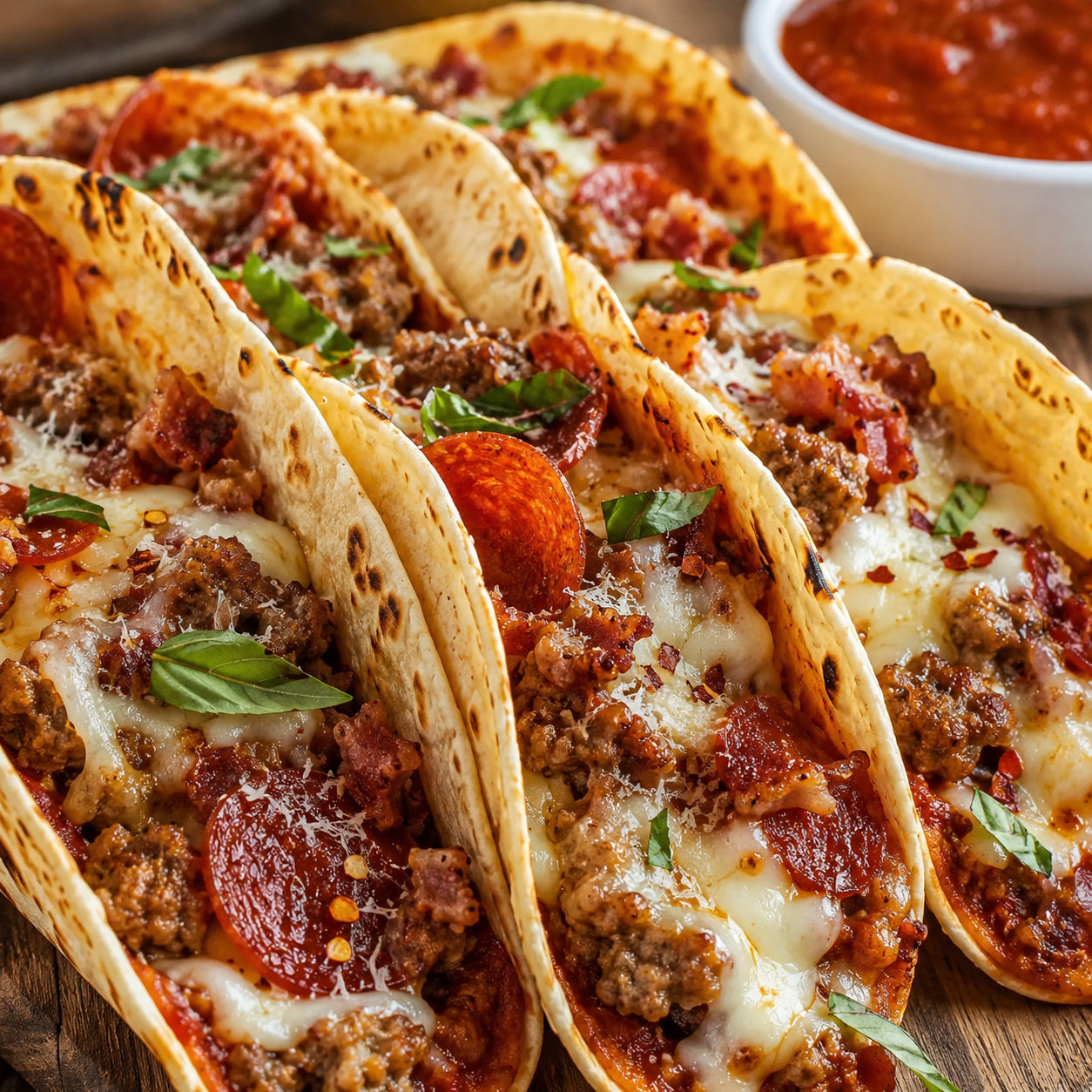 Meat Lovers Pizza Tacos with melted cheese, pepperoni, bacon, and basil