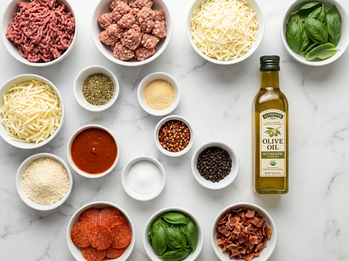 Ingredients for Meat Lovers Pizza Tacos with tortillas, meats, cheese, and sauce