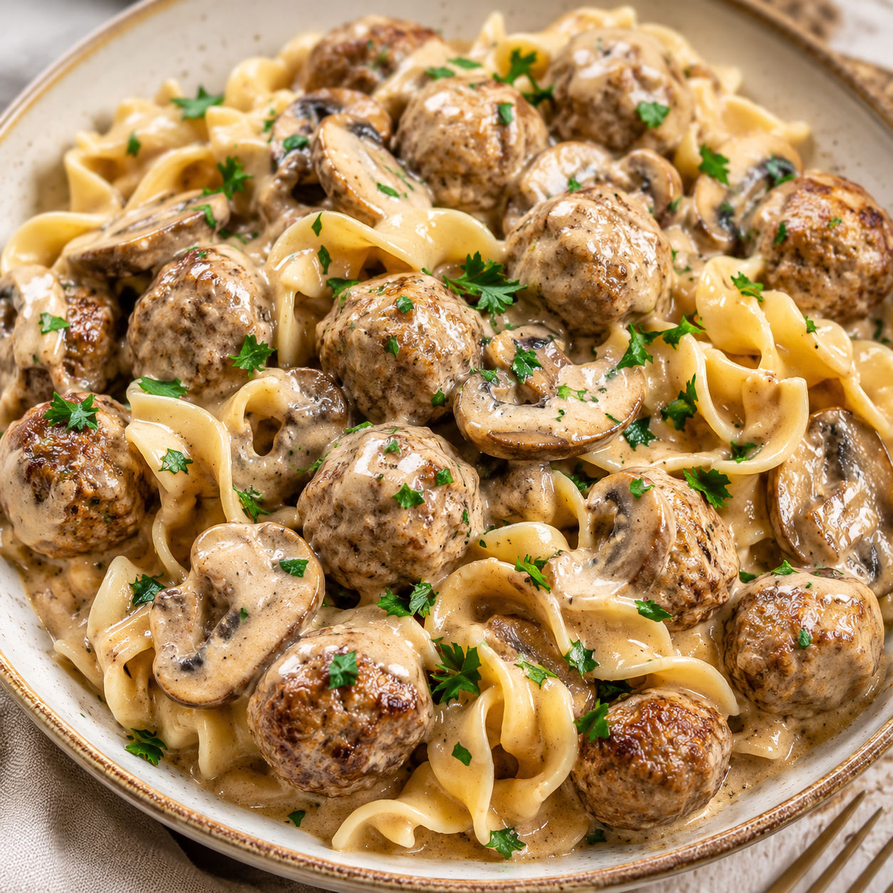Meatball stroganoff with egg noodles, mushrooms, cream sauce, and parsley