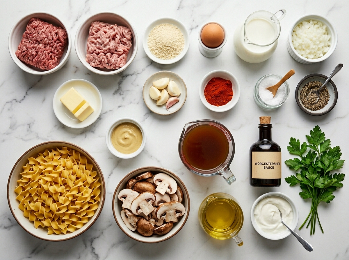 Ingredients for meatball stroganoff with noodles, mushrooms, sour cream, and beef