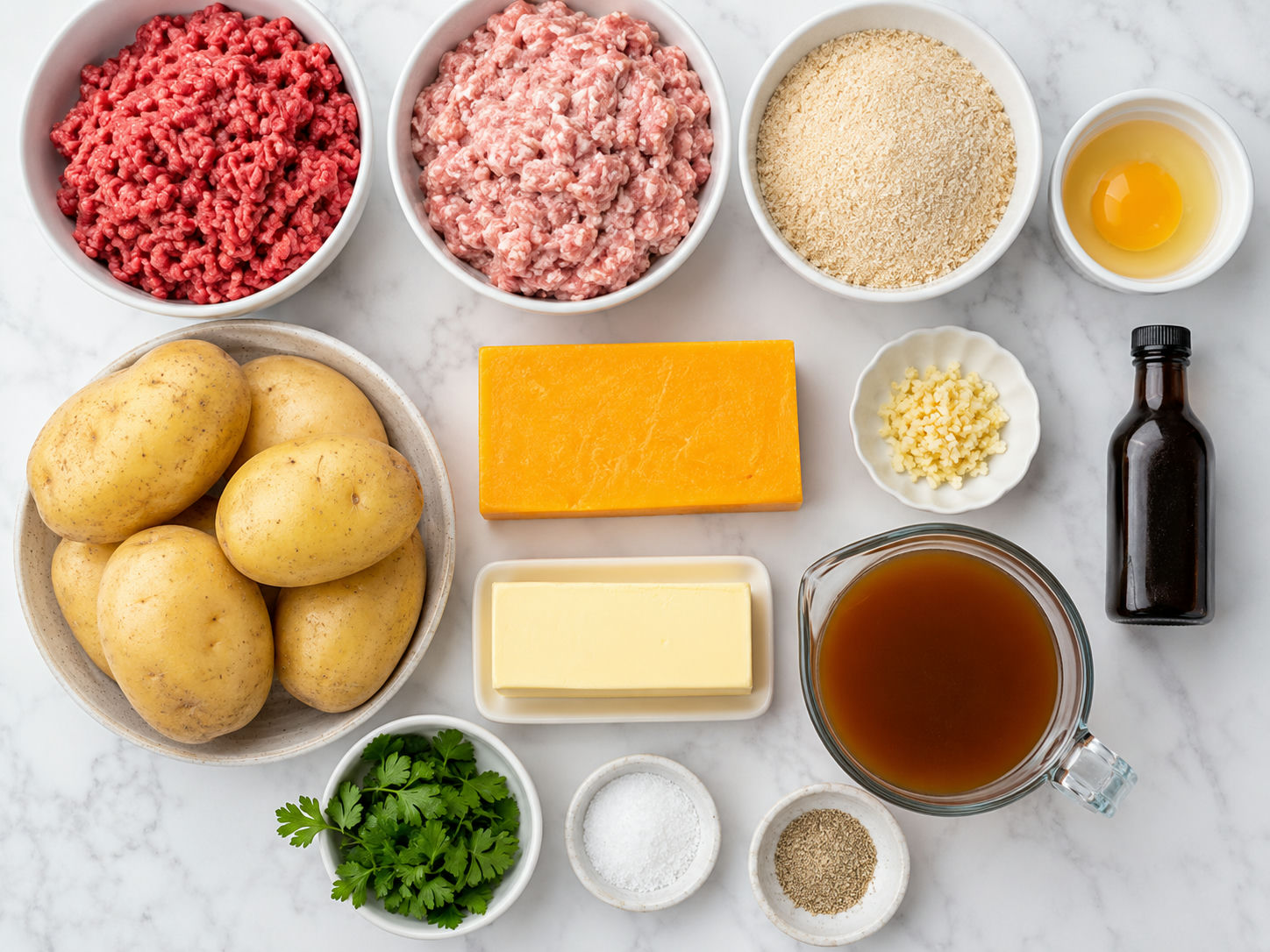 Raw ingredients for meatball and mashed potato bake arranged on a marble surface