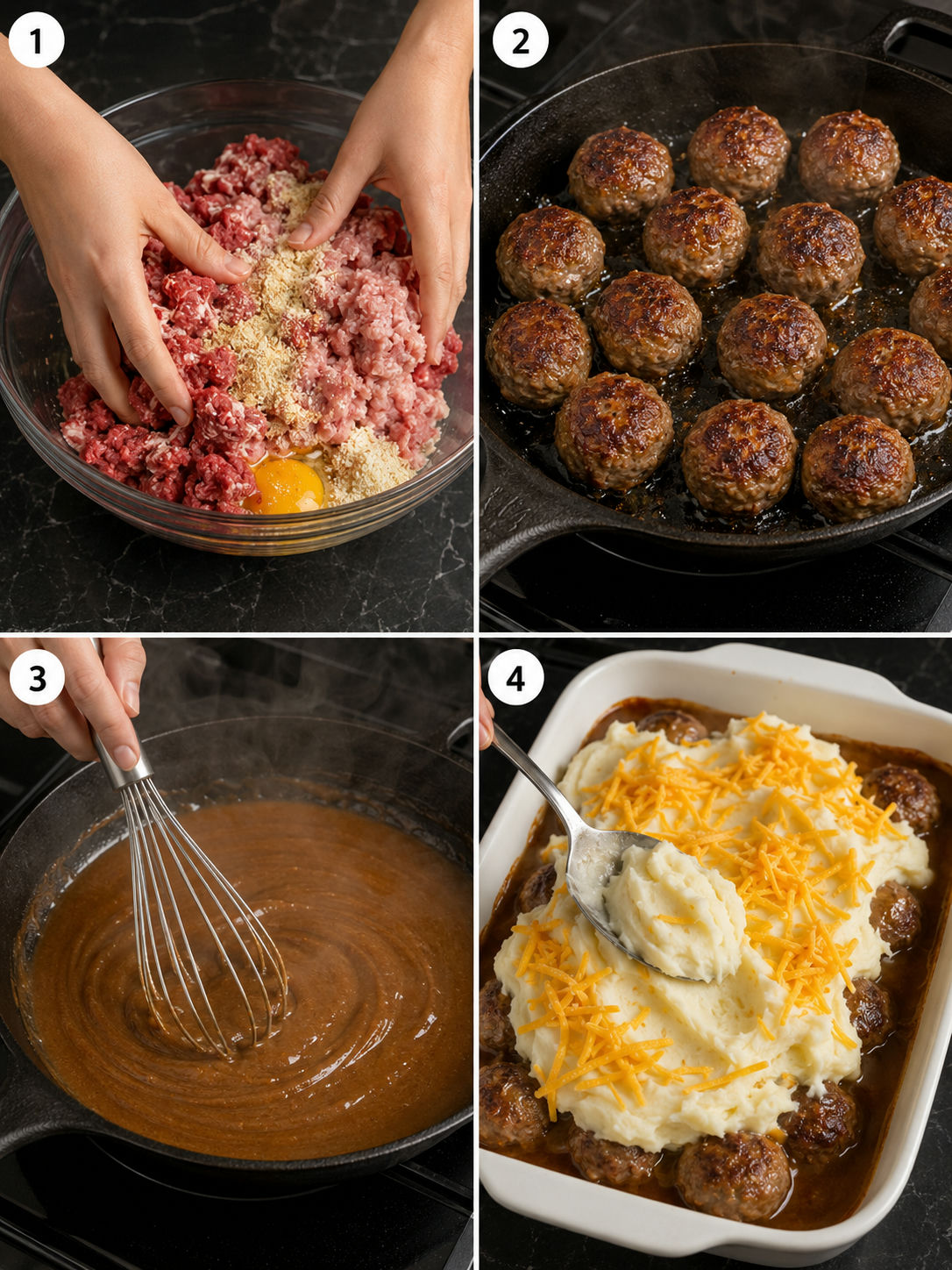 Four cooking steps for meatball and mashed potato bake from mixing meatballs to assembling the casserole