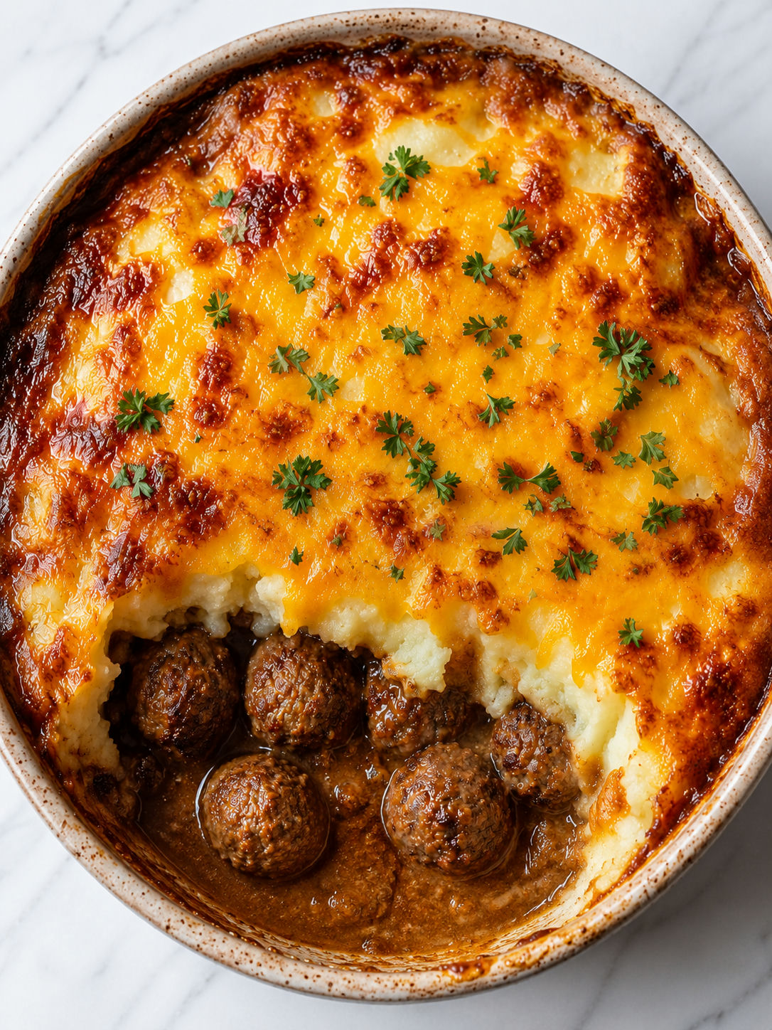 Top-down view of meatball and mashed potato bake with golden cheese crust and parsley garnish