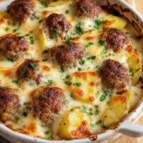 Cheesy baked meatballs with potatoes and creamy bechamel in a casserole dish