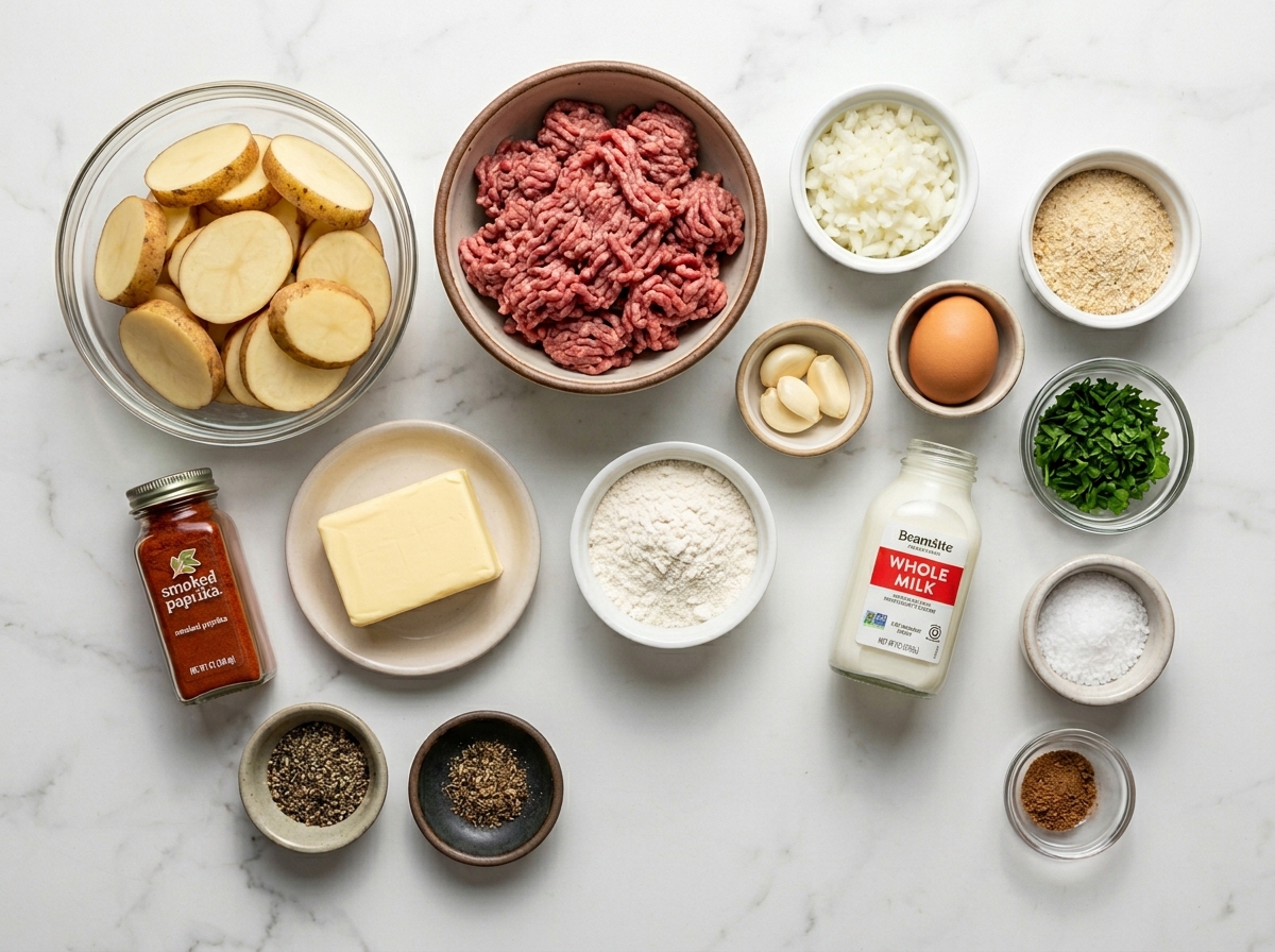 Ingredients for baked meatballs with potatoes, mozzarella and bechamel