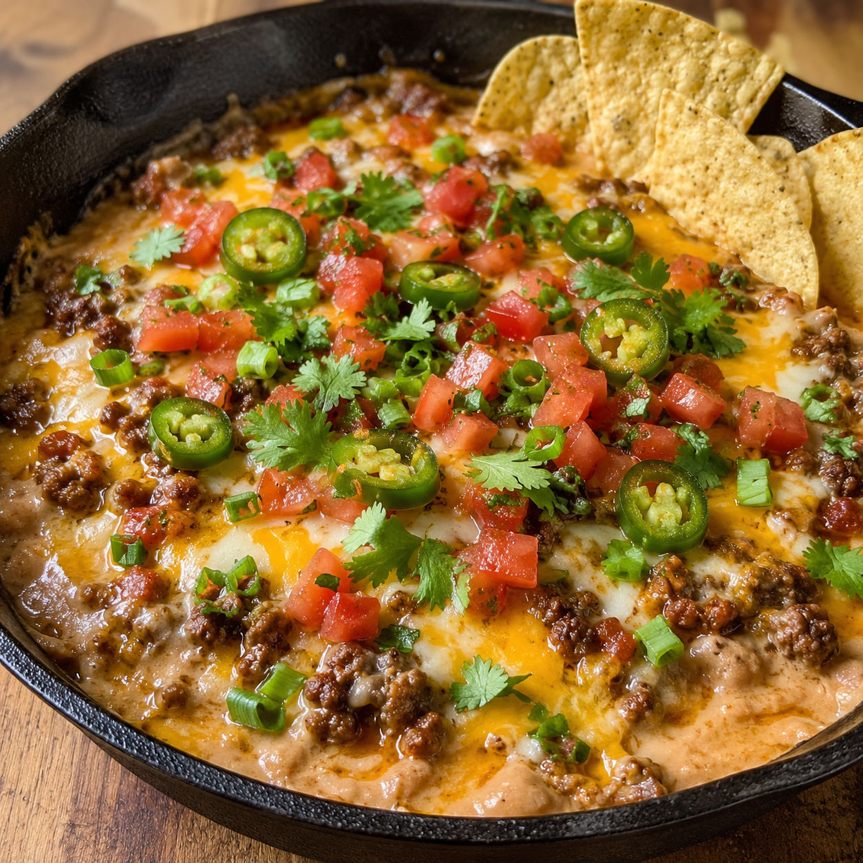 Meaty Texas trash dip with melted cheese, beef, tomatoes, and jalapenos