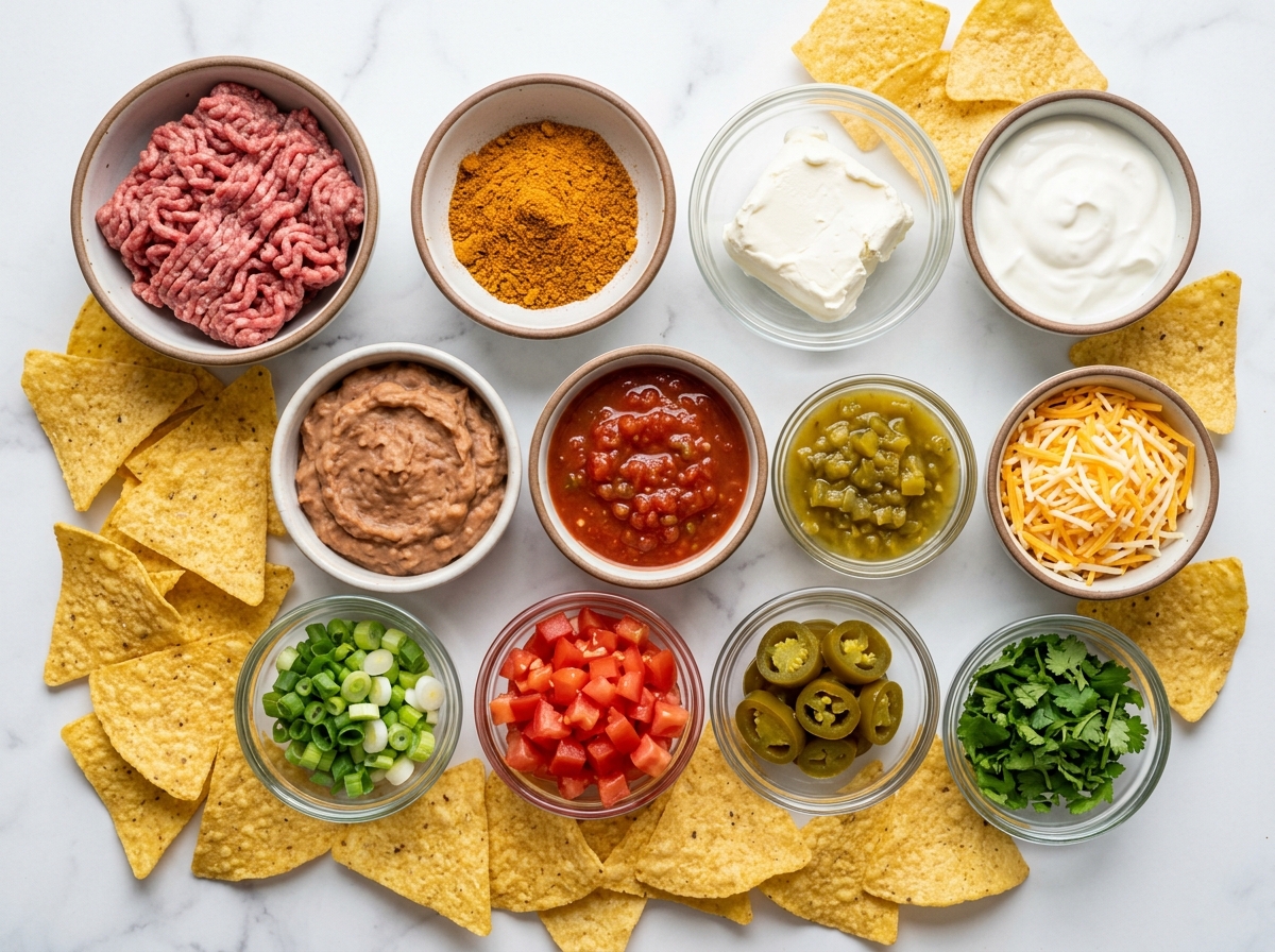 Ingredients for meaty Texas trash dip arranged on a wooden counter