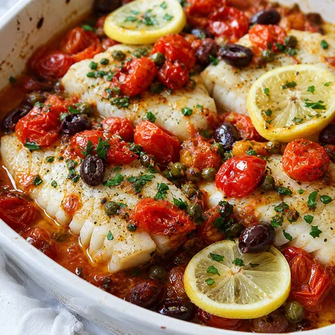 Mediterranean baked white fish with cherry tomatoes, capers, and lemon in a baking dish