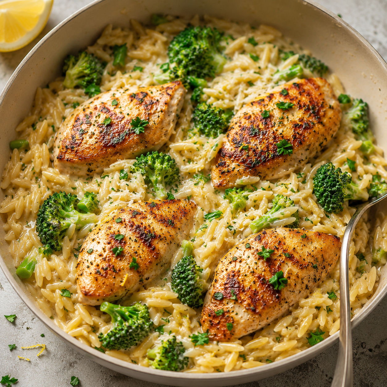 Creamy chicken broccoli orzo skillet with parsley and lemon
