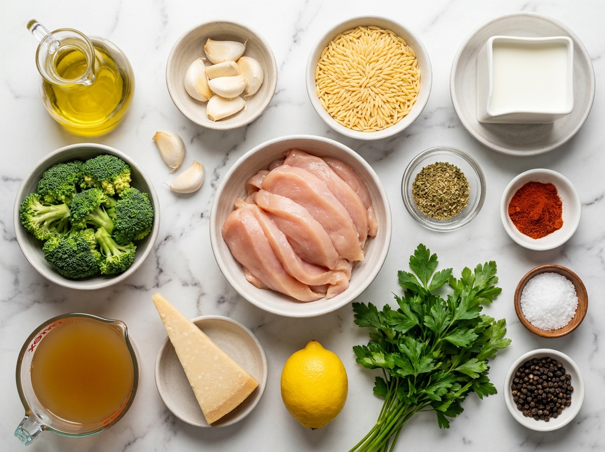 Ingredients for creamy chicken broccoli orzo with lemon and Parmesan
