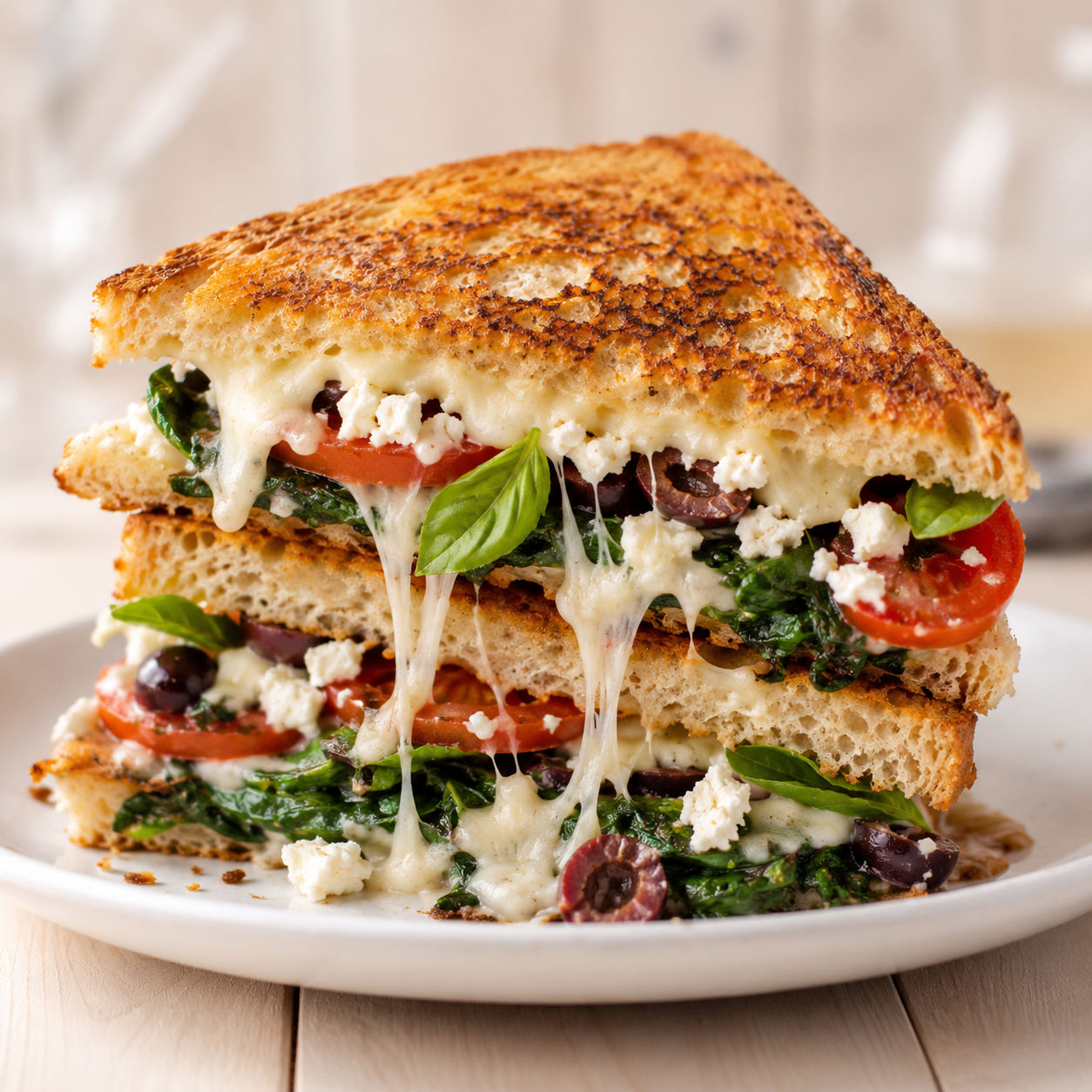 Mediterranean grilled cheese with feta, mozzarella, basil, olives, and tomato