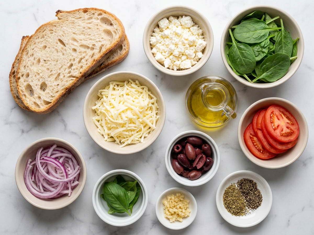 Ingredients for Mediterranean grilled cheese with feta, mozzarella, and basil