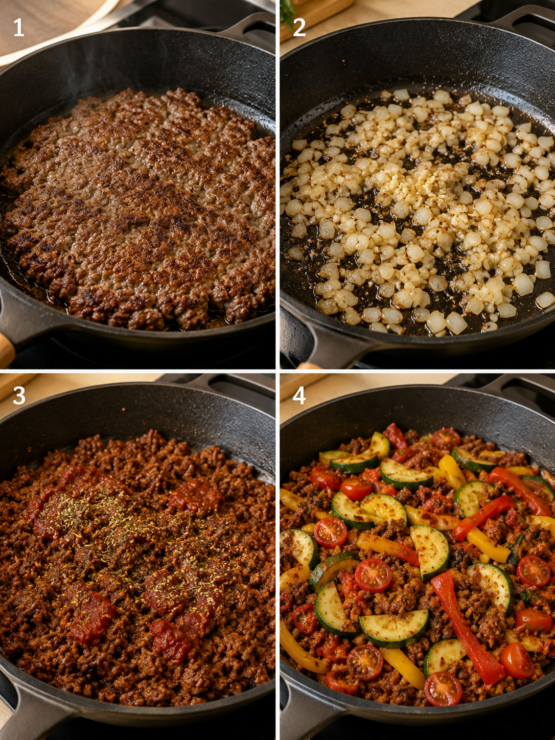 Four cooking steps for Mediterranean ground beef stir fry from searing to adding vegetables