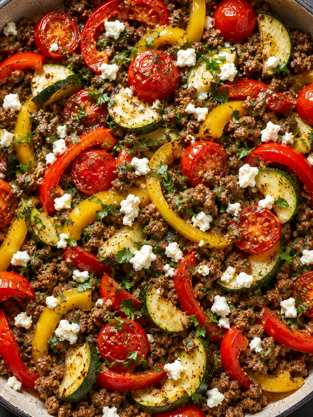 Overhead Mediterranean ground beef stir fry with feta, bell peppers, zucchini, and parsley