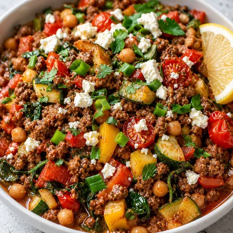 Mediterranean ground beef with vegetables, chickpeas, feta, and parsley