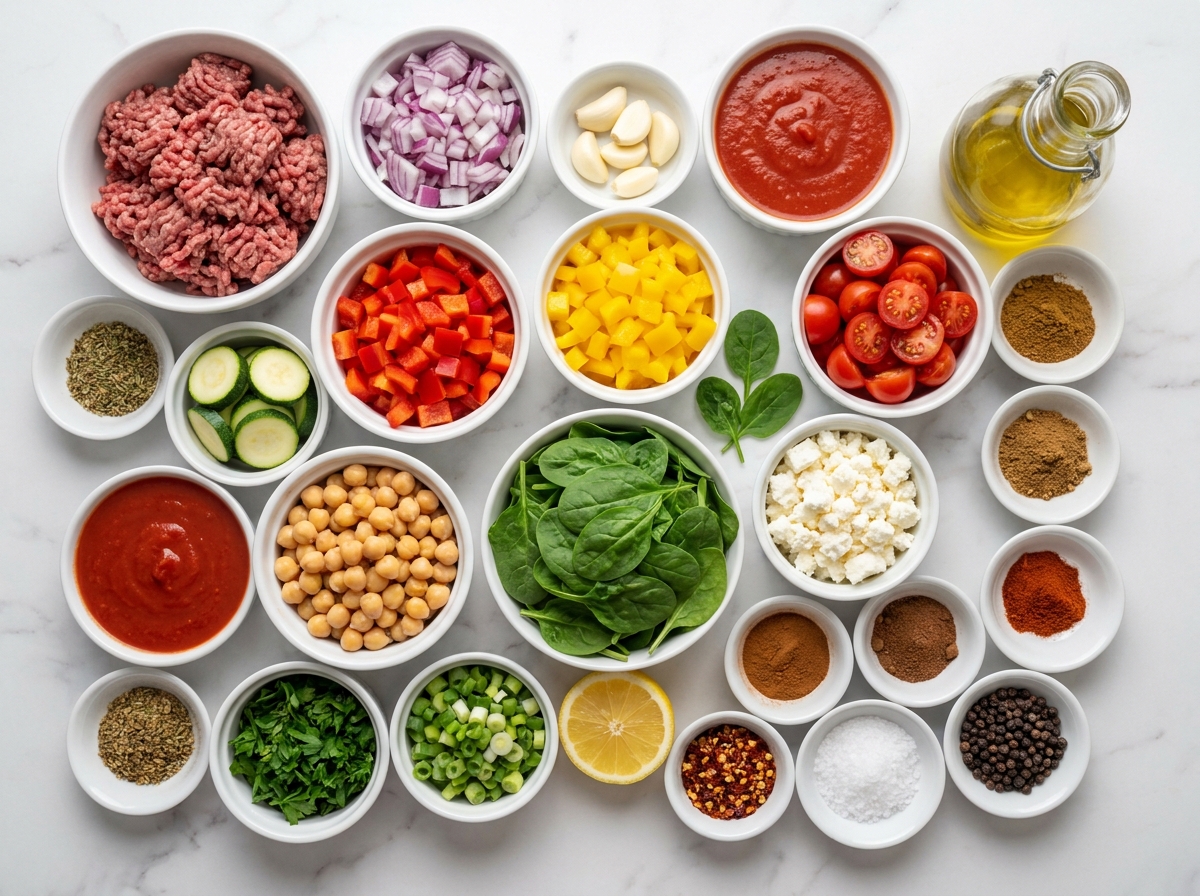 Ingredients for Mediterranean ground beef with vegetables and spices