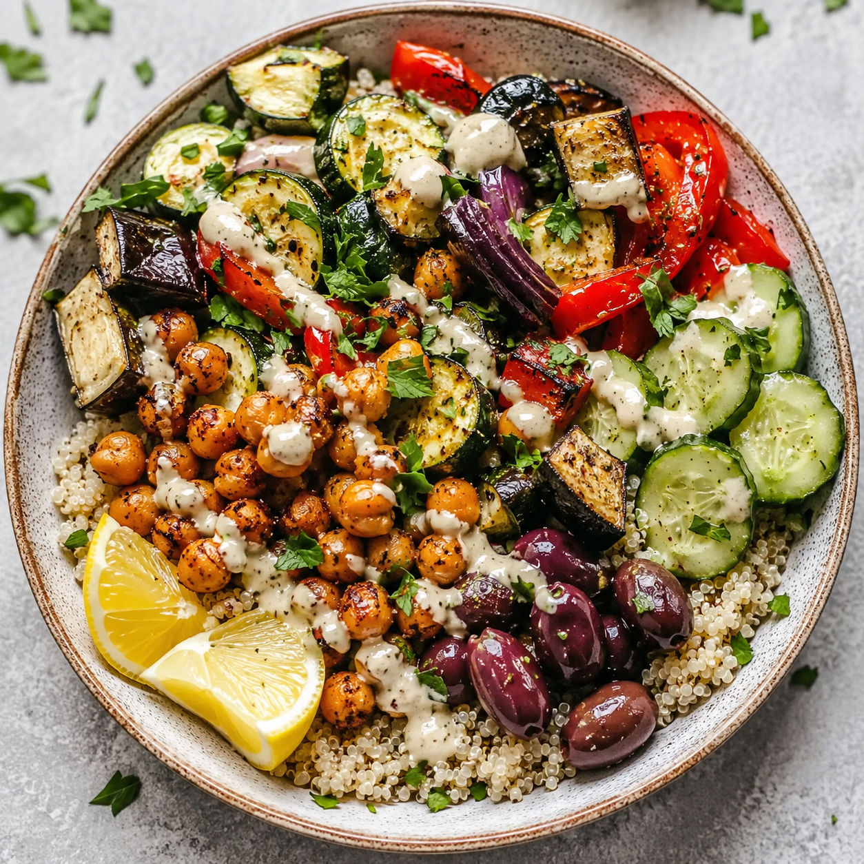 Mediterranean roasted chickpea veggie bowl with tahini and parsley