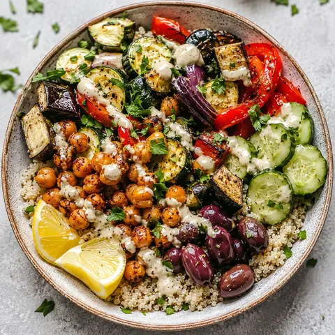 Mediterranean roasted chickpea veggie bowl with tahini and parsley