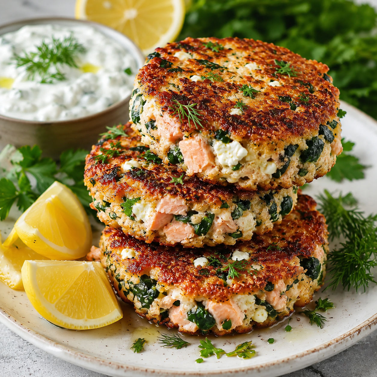 Golden salmon spinach patties with feta, herbs, lemon, and tzatziki