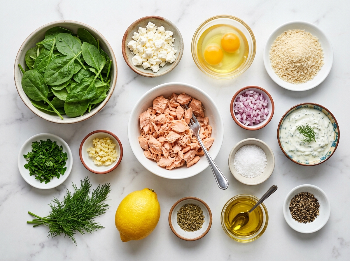 Ingredients for salmon spinach patties with feta, herbs, lemon, and panko
