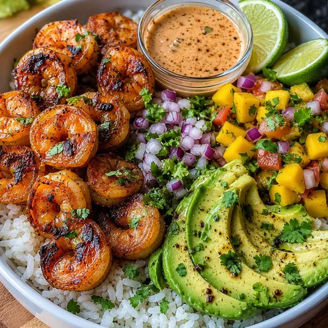 Mediterranean shrimp avocado bowl with mango salsa and lime-chili sauce
