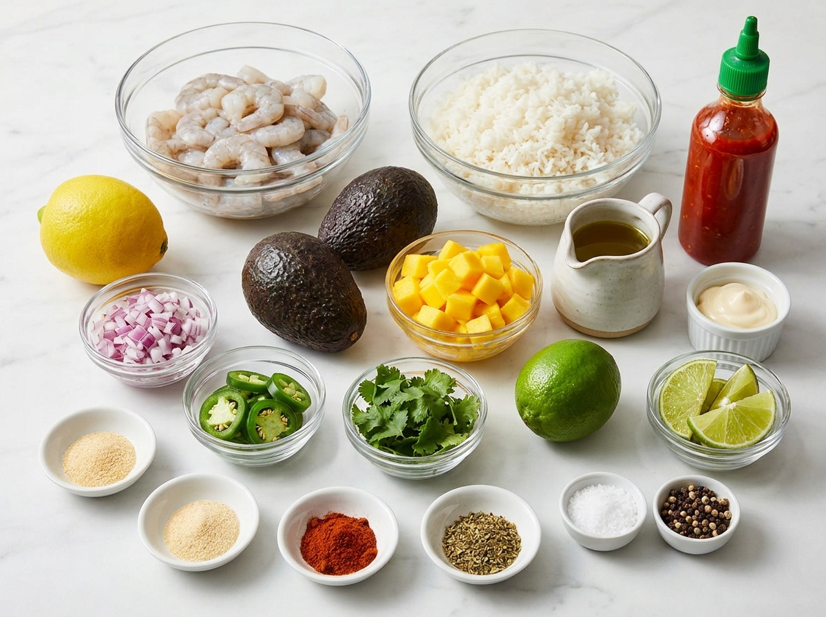 Raw shrimp, avocado, mango, rice, lime, herbs, and chili sauce for bowls
