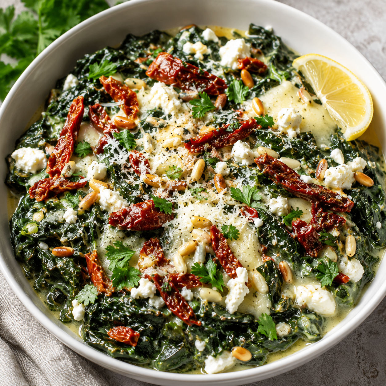 Mediterranean spinach with feta, mozzarella, sun-dried tomatoes, and herbs