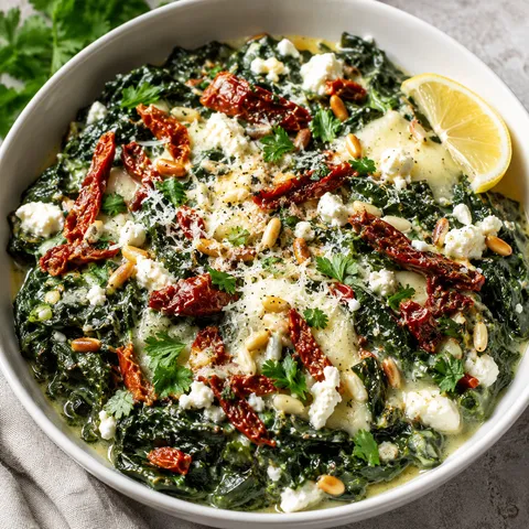 Mediterranean spinach with feta, mozzarella, sun-dried tomatoes, and herbs