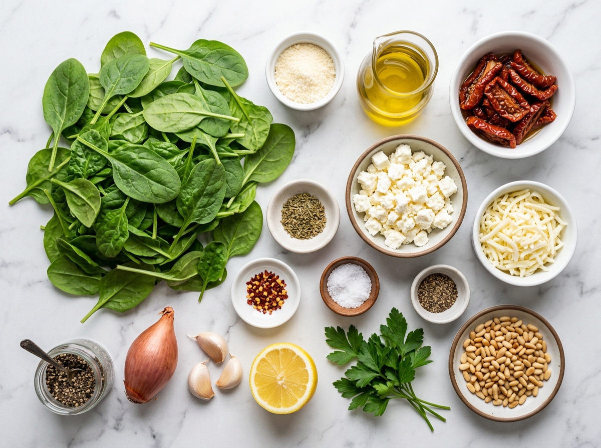 Spinach, cheeses, sun-dried tomatoes, garlic, lemon, herbs, and pine nuts