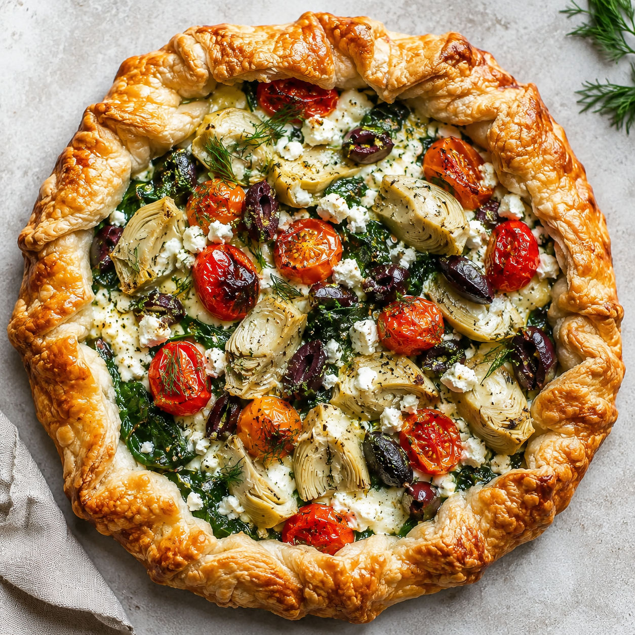 Mediterranean vegetable galette with artichokes, tomatoes, olives, and feta