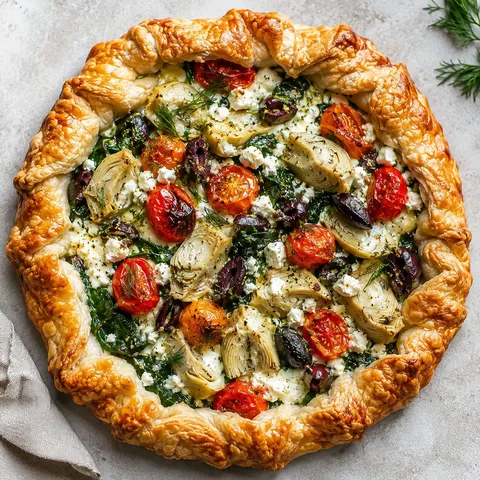 Mediterranean vegetable galette with artichokes, tomatoes, olives, and feta