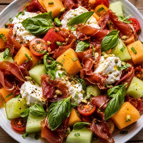 Melon prosciutto salad with burrata, basil, and cherry tomatoes