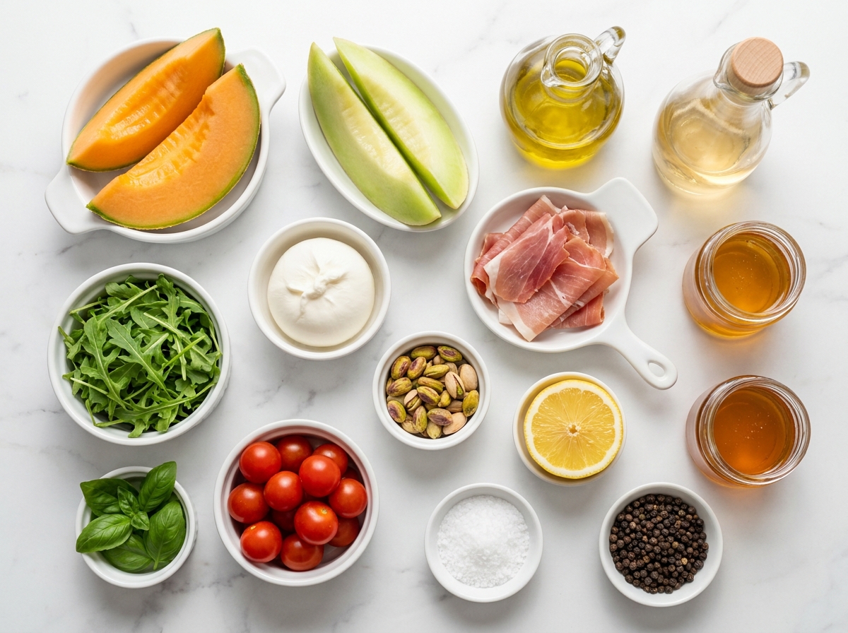 Melon, prosciutto, burrata, basil, tomatoes, and dressing ingredients