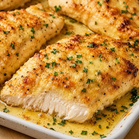 Melt in Your Mouth Chicken with golden Parmesan topping and parsley