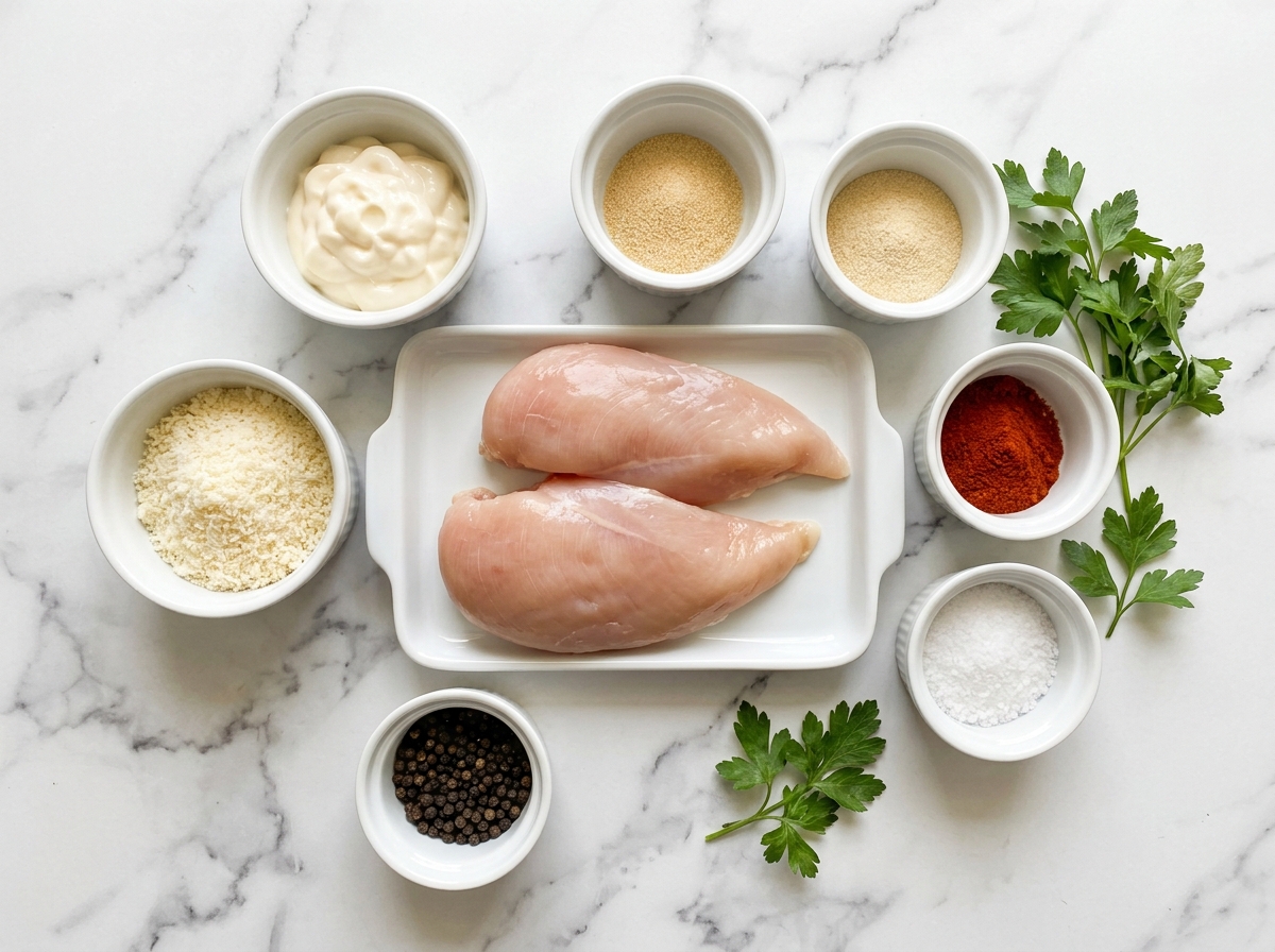Ingredients for Melt in Your Mouth Chicken with chicken, Parmesan, mayo, and spices