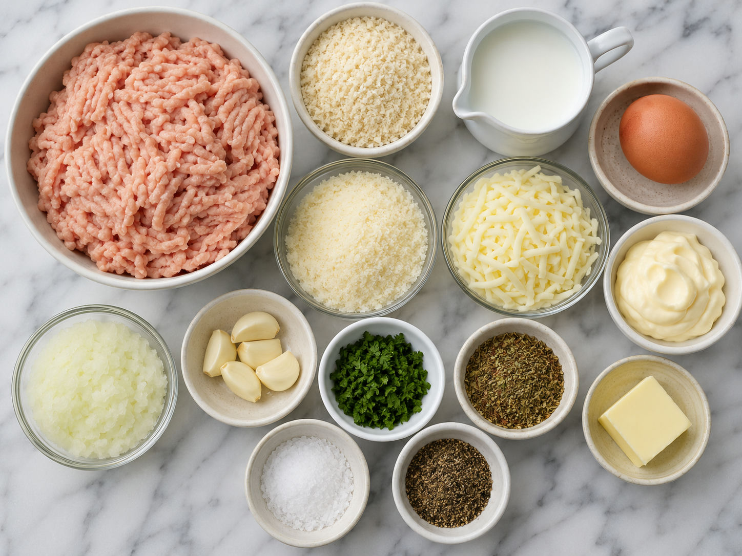 Ingredients for garlic parmesan chicken meatloaf on a wooden counter