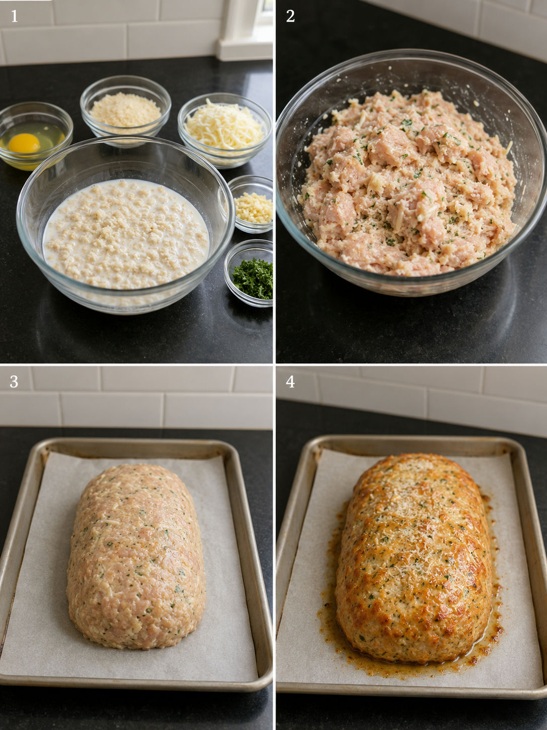 Four steps for mixing, shaping, and topping garlic parmesan chicken meatloaf