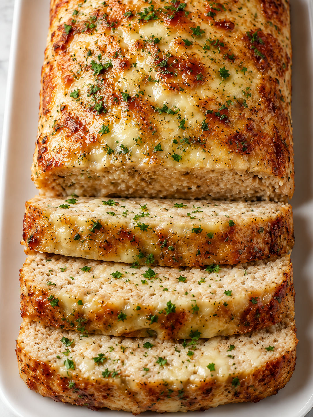 Sliced garlic parmesan chicken meatloaf with melted cheese and parsley