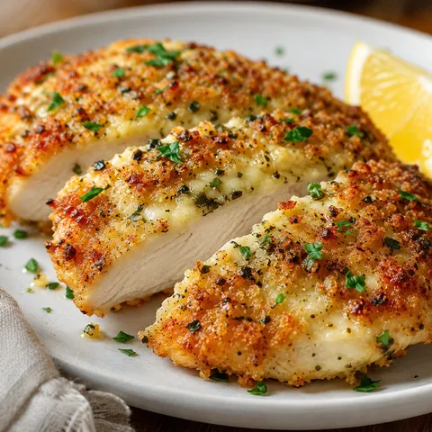 Garlic Parmesan chicken with golden herbed crust and parsley