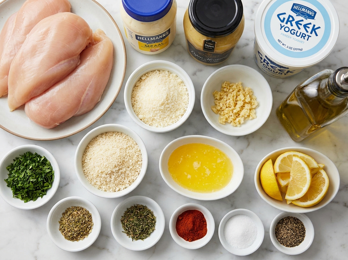 Raw ingredients for garlic Parmesan chicken with herbs and panko